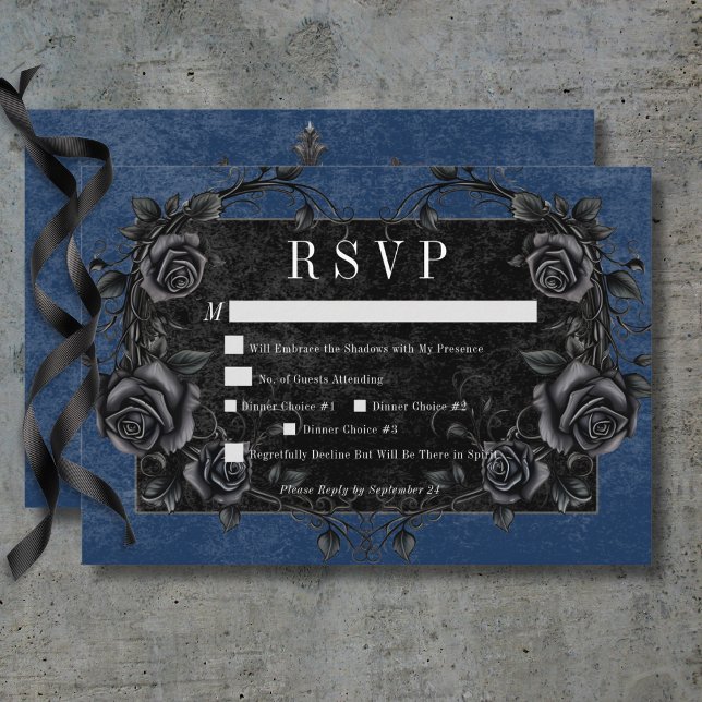 Blue Dinner i Gothic Black Raven och Black Ro OSA Kort (Gothic Black Raven & Black Roses Blue Dinner RSVP Card)
