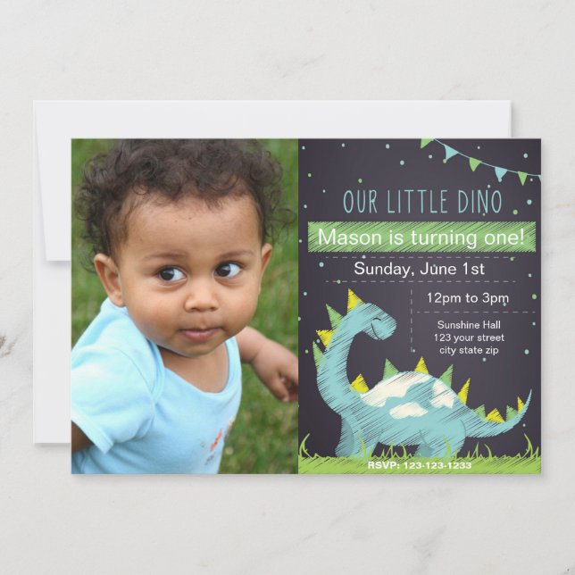 Blue Dino Birthday-inbjudan med Photo Inbjudningar (Framsida)