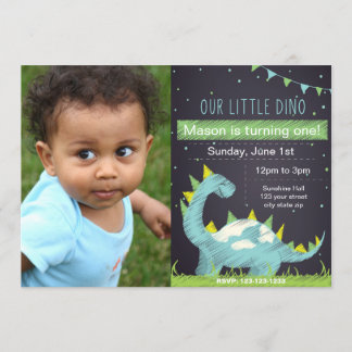 Blue Dino Birthday-inbjudan med Photo Inbjudningar