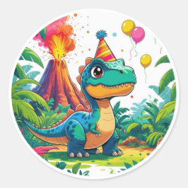 Blue Dino Birthday Sticker  Runt Klistermärke