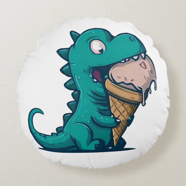 Blue Dino Kärlek Ice Cream - Lättare Tecknad Art Rund Kudde (Framsidan)