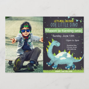 Blue Dino Skate Birthday-inbjudan med Photo Inbjudningar