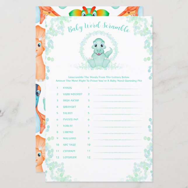 Blue Dinosaur Baby Ord Scramble Baby Shower Game (Fram/baksida)