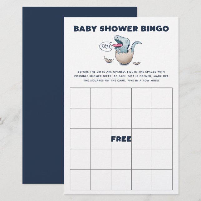 Blue Dinosaur Baby Shower Bingo Game (Fram/baksida)