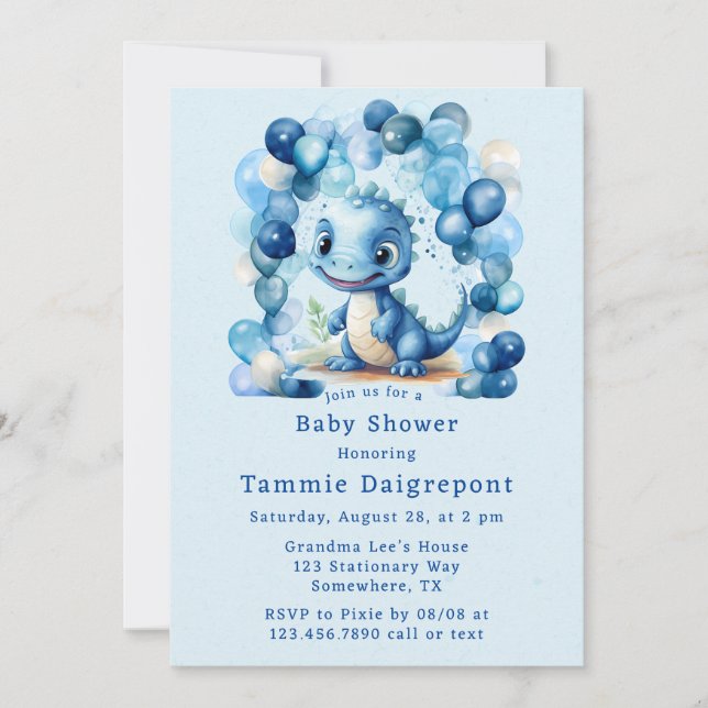 Blue Dinosaur & Balloons Boy Shower Inbjudningar (Framsida)