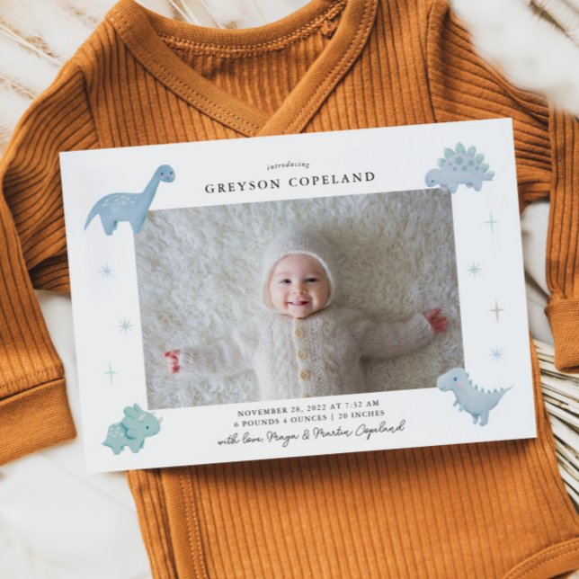 Blue Dinosaur Boy Baby Photo Birth Notice Meddelande (Skapare uppladdad)