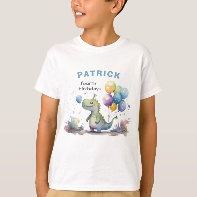 Blue Dinosaur Boy Watercolor Birthday T Shirt (Framsida)