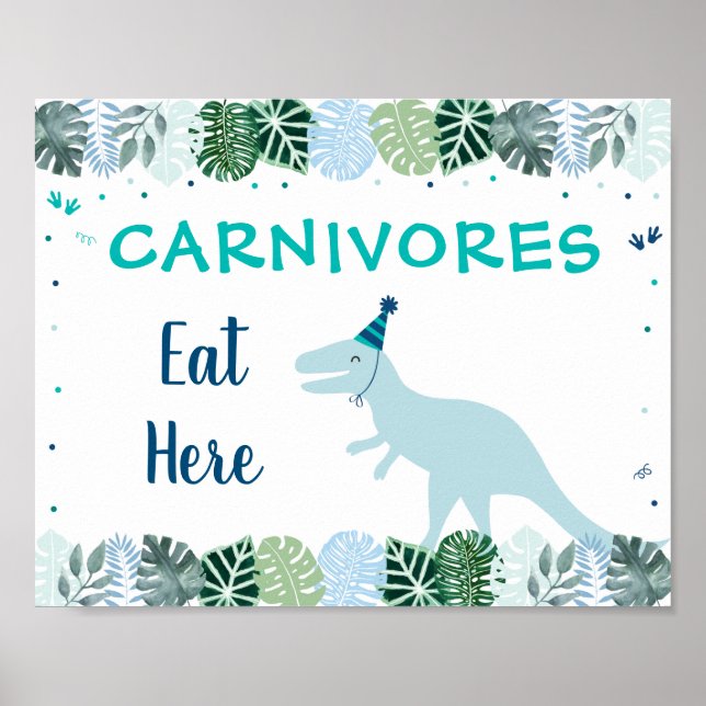 Blue Dinosaur Safari Carnivores Birthday Food Sign Poster (Framsidan)