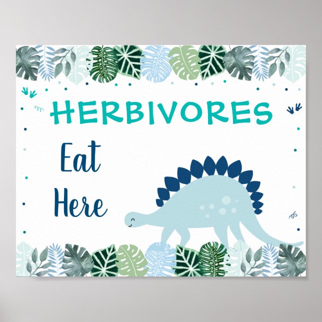 Blue Dinosaur Safari Herbivores Birthday Food Sign Poster (Framsidan)