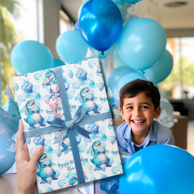 Blue Dinosaur T-Rex Kids Boy Födelsedagsfest Cute Presentpapper (Let the birthday roar with our Blue Dino T-Rex Wrapping Paper! 🎁🦖 #KidsBirthdayParty)