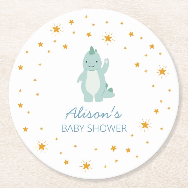 Blue Dinosaur Twinkle Star Baby Shower Boy Party Underlägg Papper Rund (Framsidan)