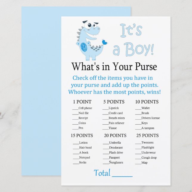 Blue Dinosaur What's in your purse match (Fram/baksida)