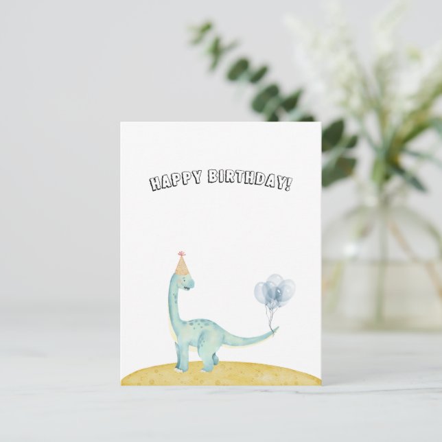 Blue Dinosaur With Balloons Happy Birthday Card Vykort (Stående Fram)