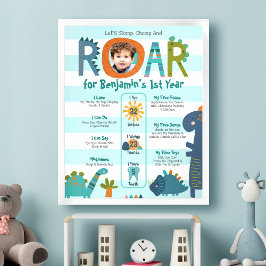 Blue Dinosaurs Photo Boy 1st Birthday Milestone Poster