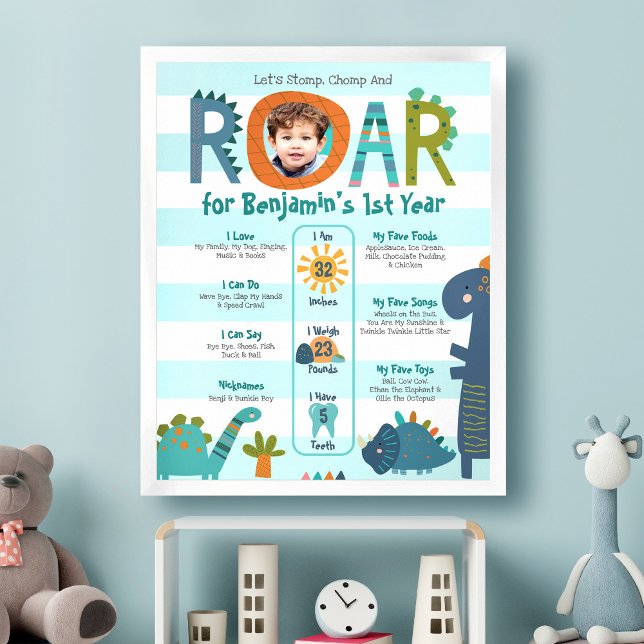 Blue Dinosaurs Photo Boy 1st Birthday Milestone Poster (Skapare uppladdad)