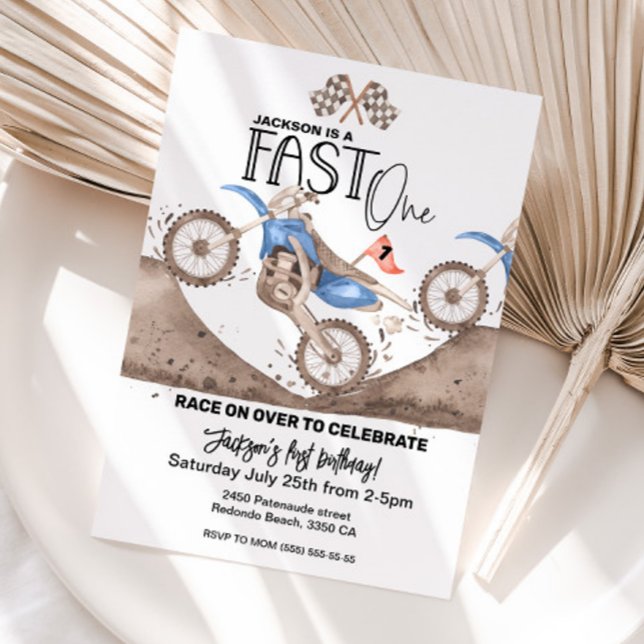 Blue Dirt Bike 1:a födelsedag Fast ONE Inbjudningar (Blue dirt bike birthday invitation, 1st birthday FAST ONE)