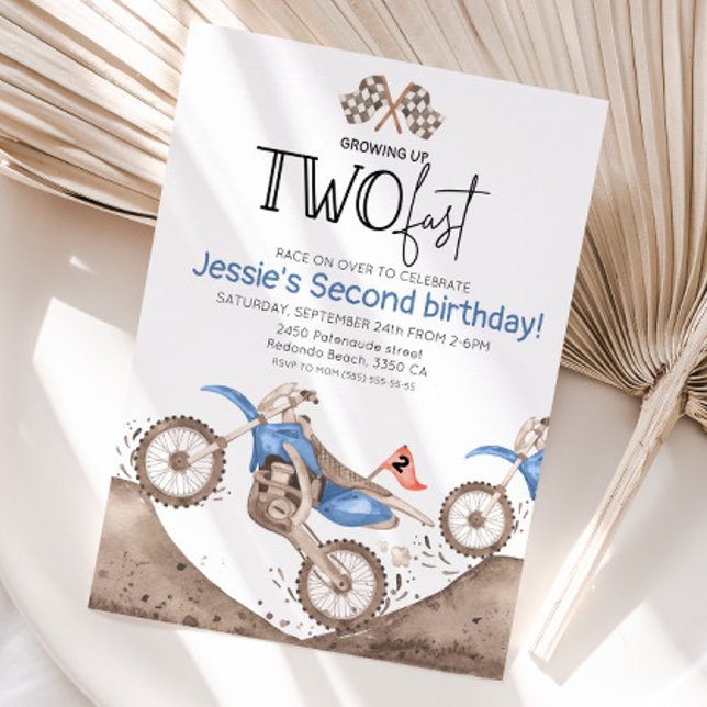 Blue Dirt Bike 2nd birthday - Growing up two fast Inbjudningar (Blue dirt bike birthday invitation, growing up two fast)