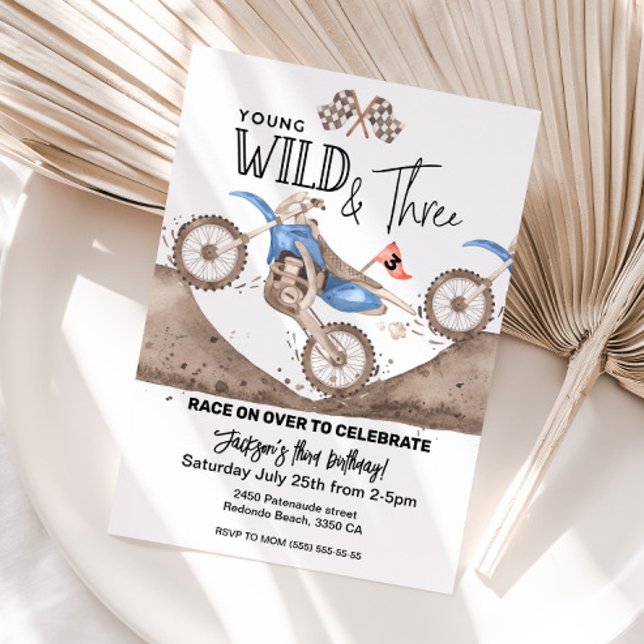 Blue Dirt Bike 3:e födelsedag Unga VILD och TRE Inbjudningar (Blue dirt bike 3rd birthday invitation, young wild three)