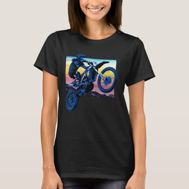 Blue Dirt Bike Rider Motorcykel Racer Retro Sunset T Shirt (Framsida)