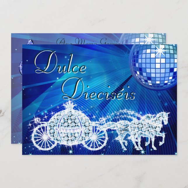 Blue Disco Ball, Princess Coach & Horses Sweet 16 Inbjudningar (Fram/baksida)