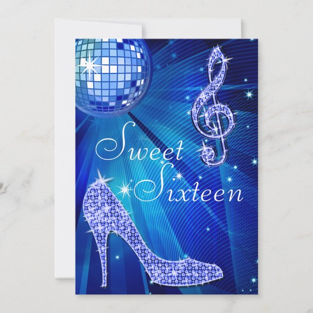 Blue Disco Boll och Gnistra Heels Sweet 16 Inbjudningar (Framsida)