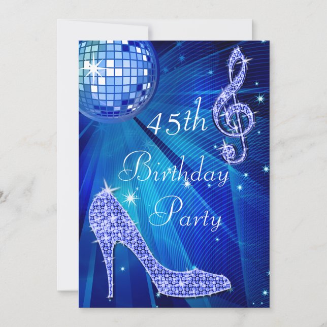 Blue Disco Boll och Heels 45:e födelsedagen Inbjudningar (Framsida)