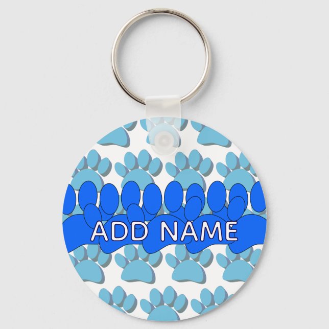 Blue Dog Paw Print Custom Personalized Name Nyckelring (Baksida)