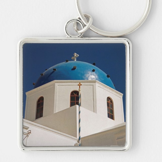 Blue dome, Santorini, Grekland Fyrkantig Silverfärgad Nyckelring (Framsidan)