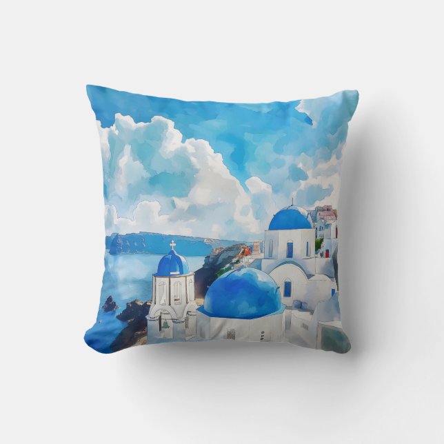 "Blue Domes of Santorini - Watercolor Art" Kudde (Framsida)