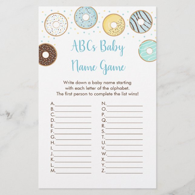 Blue Donut ABCs Baby Shower Namn Game (Framsida)