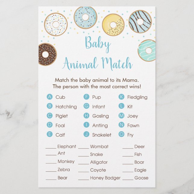 Blue Donut Baby Shower Animal Match Game (Framsida)