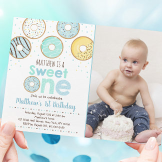 Blue Donut Sweet One First Birthday Inbjudningar