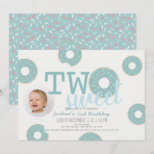 Blue Donut Two Sweet Boy Photo 2nd Birthday Inbjudningar