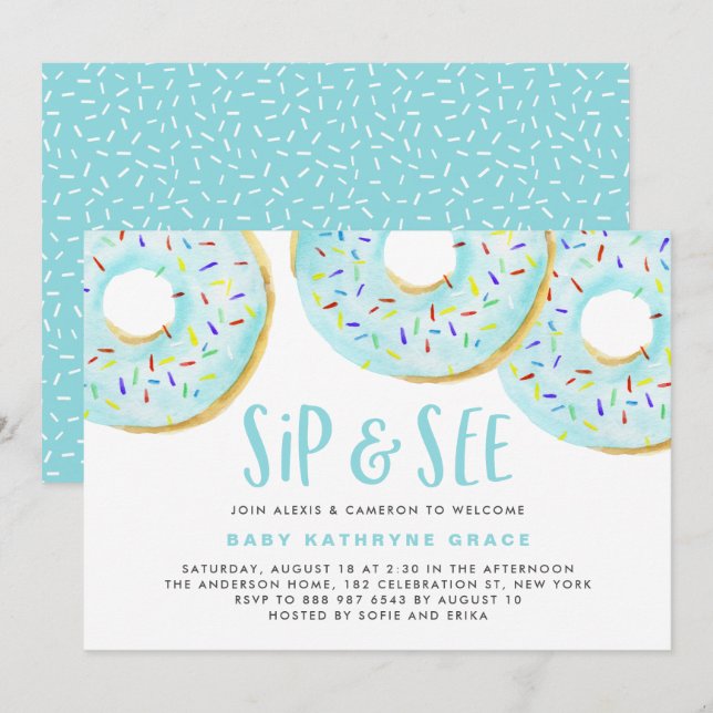 Blue Donuts Sprinkles Baby Shower Sip and See Inbjudningar (Fram/baksida)