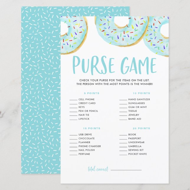 Blue donuts What's in your Purse Baby Shower Game (Fram/baksida)