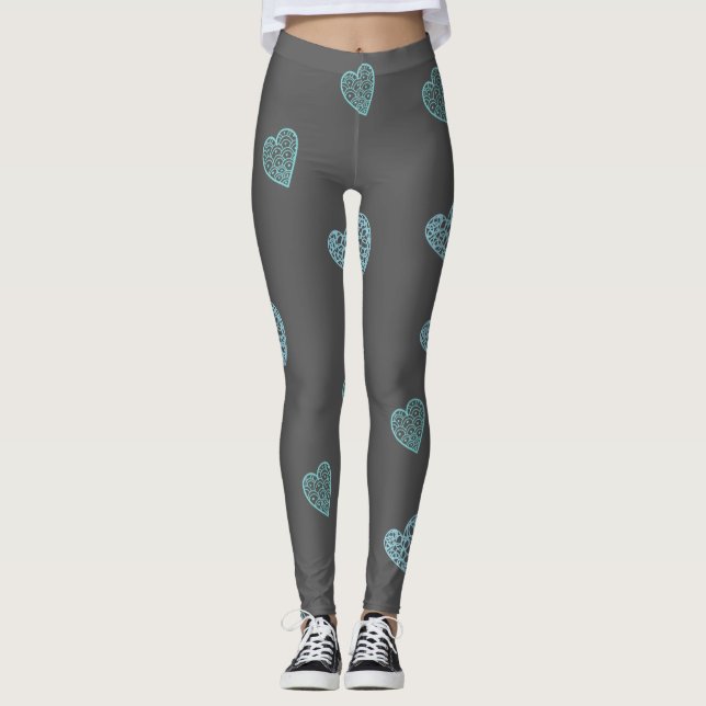 Blue Doodle Hearts Grått Leggings (Framsida)