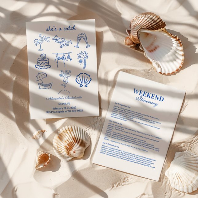 Blue Doodle Tropical She's a Catch Bachelorette  Inbjudningar (Skapare uppladdad)