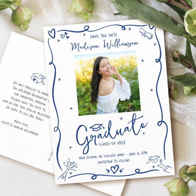 Blue Doodles Graduation Save the Date Photo White Inbjudan Vykort (Skapare uppladdad)