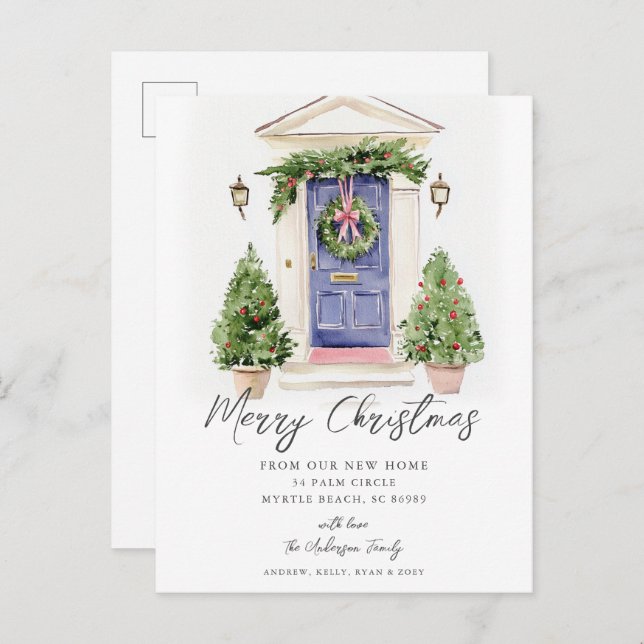 Blue Door Rustic Christmas New Home Card Meddelande Vykort (Fram/baksida)