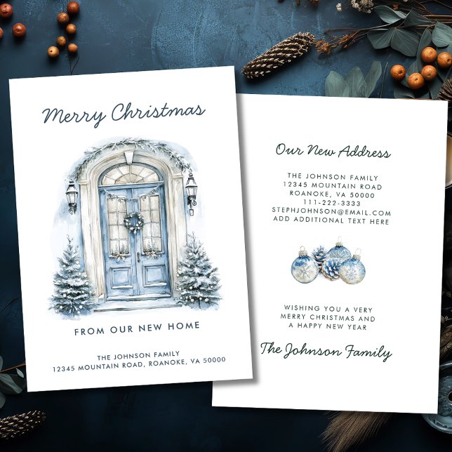 Blue Dor God jul från New Home Meddelande (Blue Front Door Merry Christmas from Our New Home Holiday Moving Announcement Flat Card)