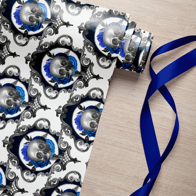BLUE DÖSKALLARS VINTAGE CREEPY CHRISTMAS PRESENTPAPPER (royal blue skulls vintage retro creepy christmas halloween gosth monster fear of the dark)