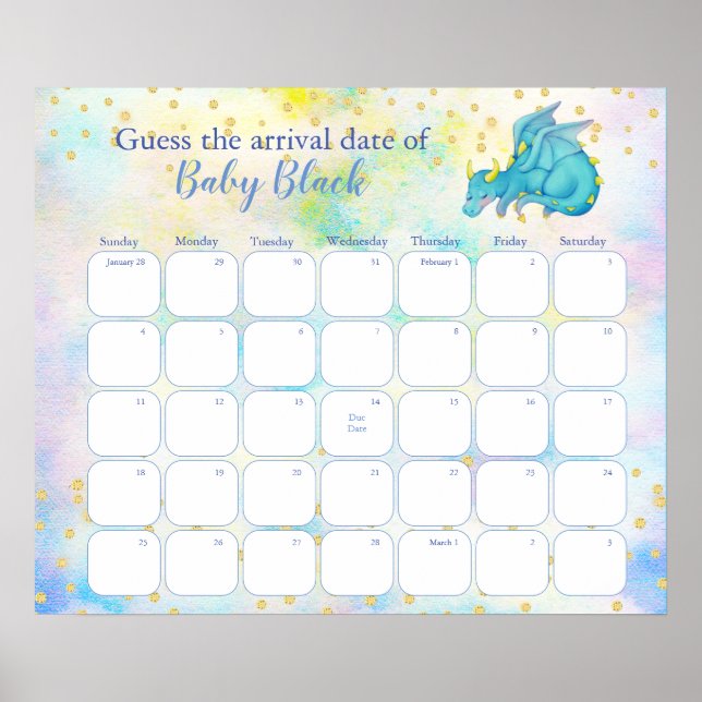Blue Dragon Baby Shower Due Date Calendar Poster (Framsidan)