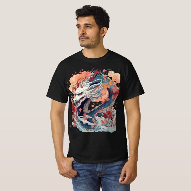 Blue Dragon with Blossoms and Clouds T Shirt (Hel framsida)