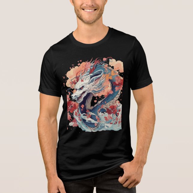 Blue Dragon with Blossoms and Clouds T Shirt (Framsida)