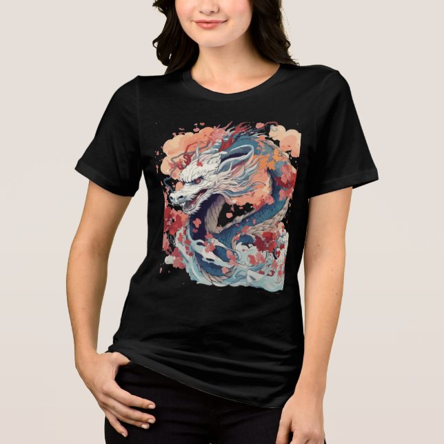 Blue Dragon with Blossoms and Clouds T Shirt (Framsida)