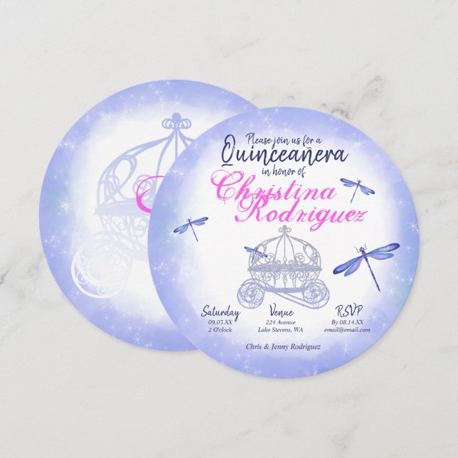 Blue Dragonflies, Rosa Quinceañera-inbjudan Inbjudningar (Fram/baksida)