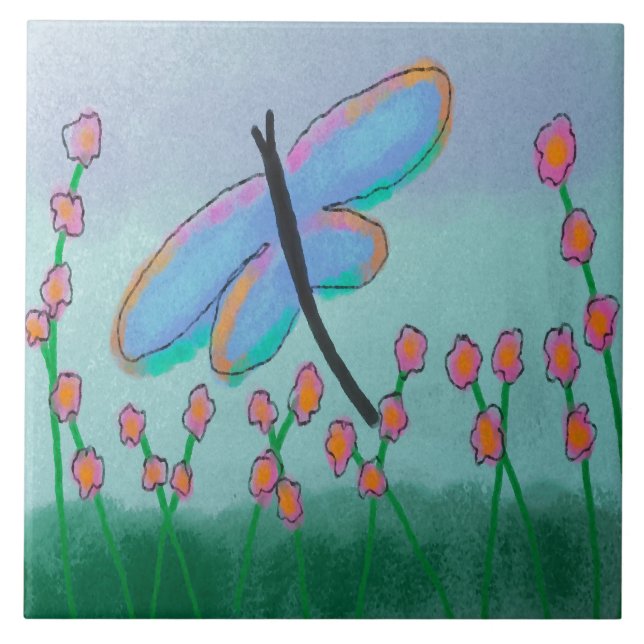 Blue Dragonfly Abstrakt Digital Painting Kakelplatta (Framsidan)