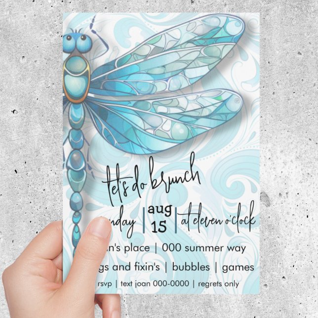 Blue Dragonfly | Aqua Blue Swir | Natur Älskare Inbjudningar (Blue dragonfly customizable brunch or birthday invitation with aqua swirls. )