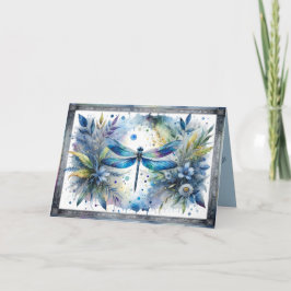 Blue Dragonfly Botanical Watercolor Kort