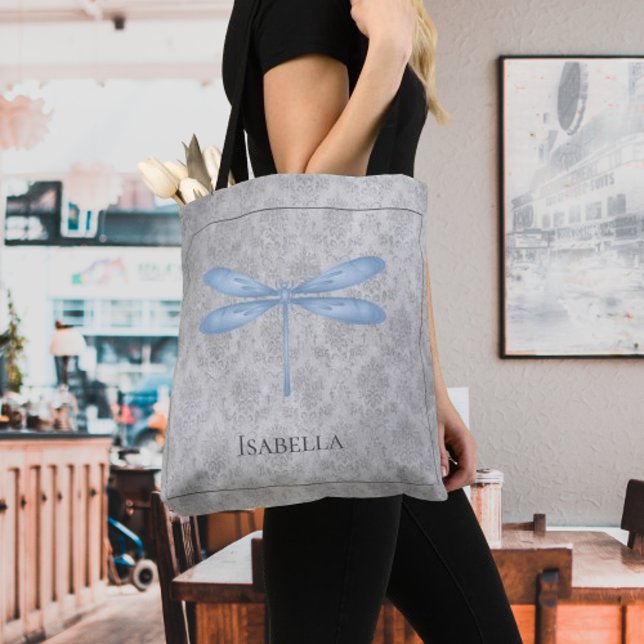 Blue Dragonfly Damask Tygkasse (Blue Dragonfly Damask Tote Bag)